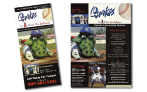 quakes baseball in rancho cucamonga door hanger and print ad in inland empire magazine from perry design and advertising - image